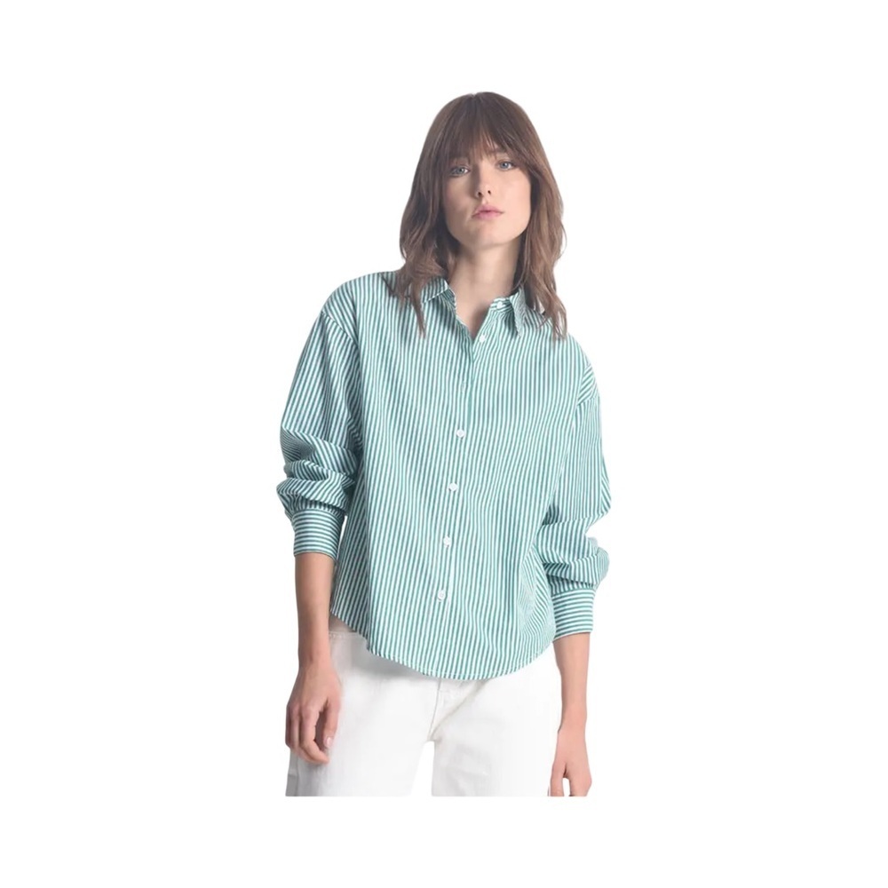 Molly Bracken 100% Cotton Green White Striped Button Down Shirt NWT Size M